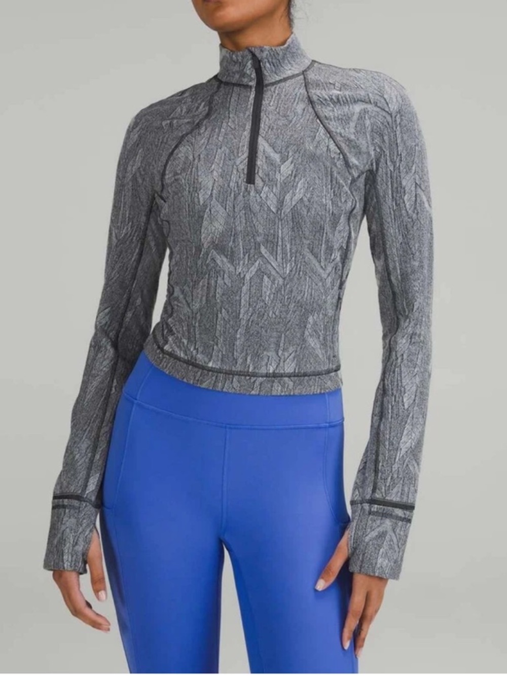 Lululemon Its Rulu Run Cropped Half Zip Reverberate Chevron Jacquard Grey 8